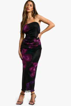 Maxi Dresses*boohoo Mesh Flower Print Bandeau Maxi Dress black
