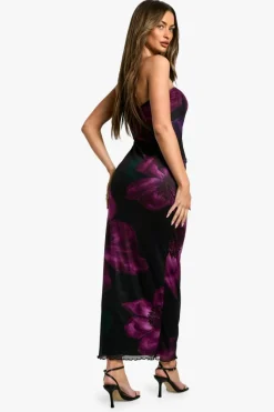 Maxi Dresses*boohoo Mesh Flower Print Bandeau Maxi Dress black