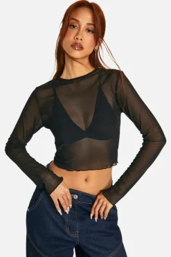 Long Sleeve Tops*boohoo Mesh Long Sleeve Crop Top black