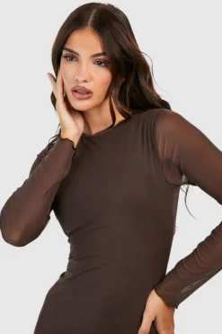 Long Sleeve Dresses|Long Sleeve Dresses*boohoo Mesh Long Sleeve Midaxi Dress chocolate
