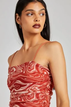 Cami Dresses*Pink Vanilla Mesh Marble Ruched Cami Mini Dress Orange