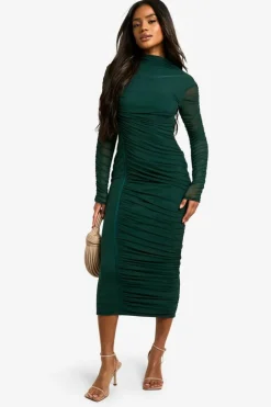 Bodycon Dresses|Long Sleeve Dresses*boohoo Mesh Ruched High Neck Midaxi Dress green