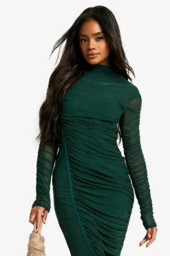 Bodycon Dresses|Long Sleeve Dresses*boohoo Mesh Ruched High Neck Midaxi Dress green