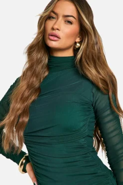 Mini Dresses|Long Sleeve Dresses*boohoo Mesh Ruched High Neck Mini Dress green