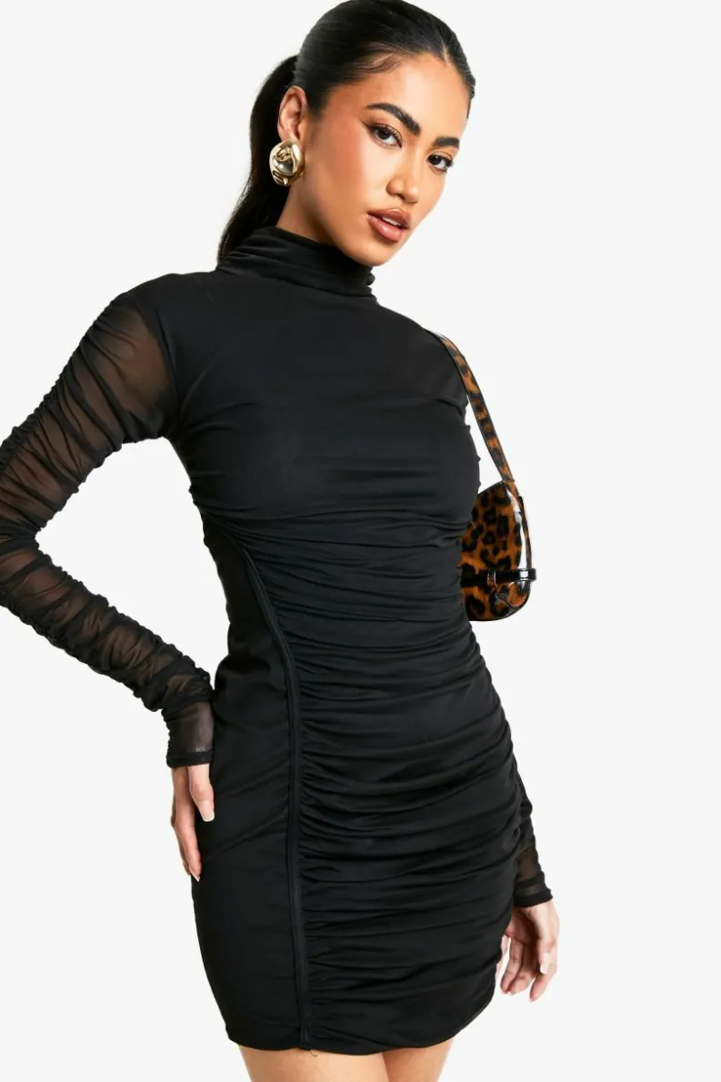 Bodycon Dresses*boohoo Mesh Ruched High Neck Mini Dress black