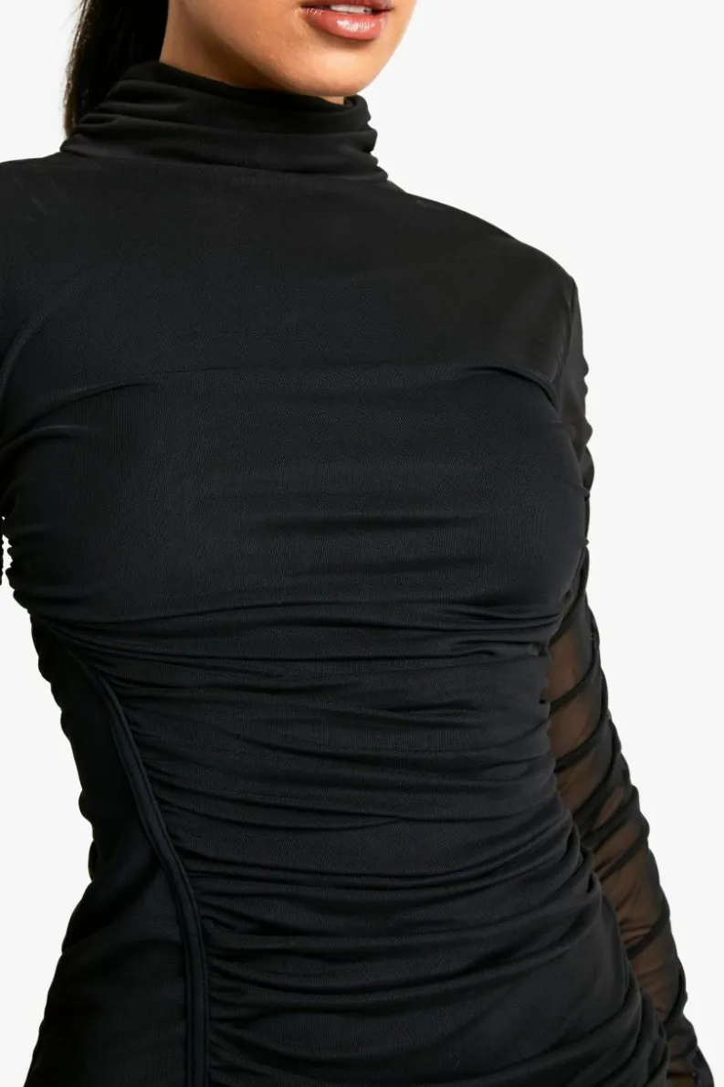 Bodycon Dresses*boohoo Mesh Ruched High Neck Mini Dress black
