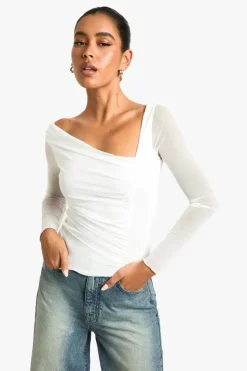 Long Sleeve Tops*boohoo Mesh ruched long sleeve top white
