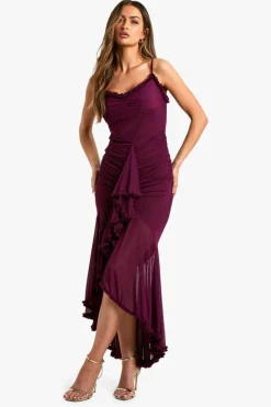 Maxi Dresses*boohoo Mesh Ruffle Maxi Dress plum