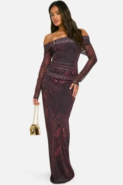 Maxi Dresses|Long Sleeve Dresses*boohoo Mesh Print Off Shoulder Maxi Dress snake