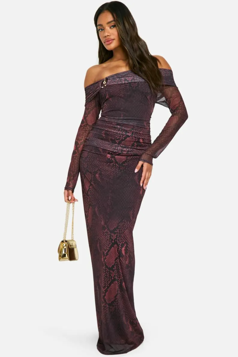 Maxi Dresses|Long Sleeve Dresses*boohoo Mesh Print Off Shoulder Maxi Dress snake