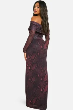 Maxi Dresses|Long Sleeve Dresses*boohoo Mesh Print Off Shoulder Maxi Dress snake