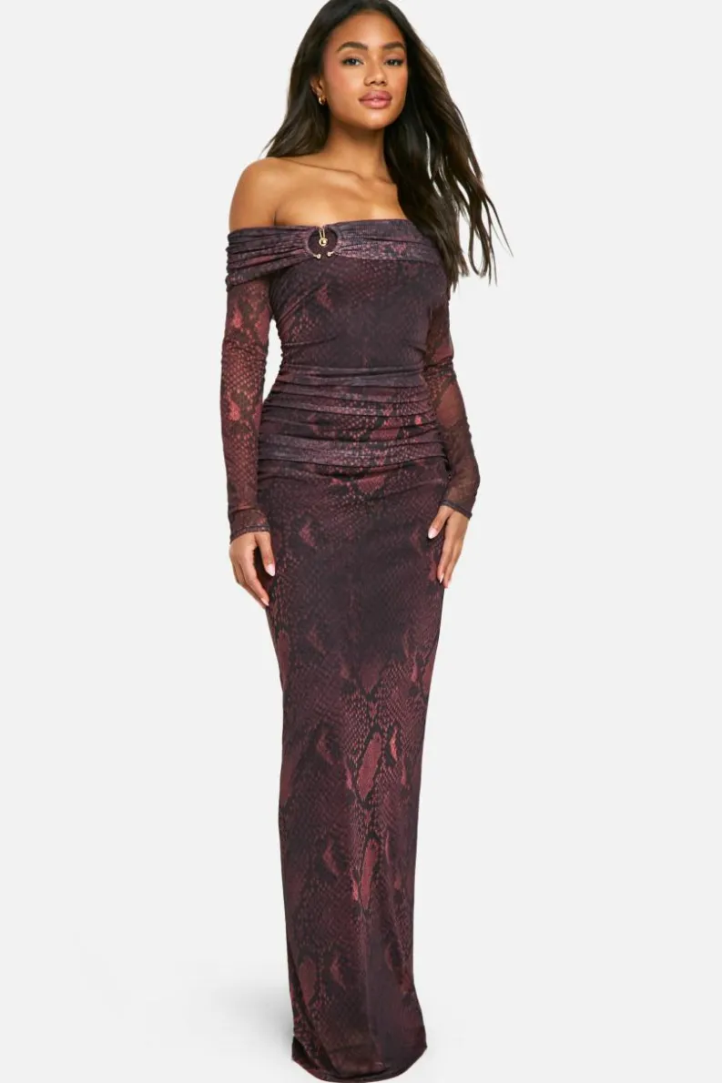 Maxi Dresses|Long Sleeve Dresses*boohoo Mesh Print Off Shoulder Maxi Dress snake