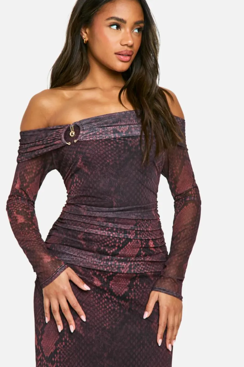 Maxi Dresses|Long Sleeve Dresses*boohoo Mesh Print Off Shoulder Maxi Dress snake