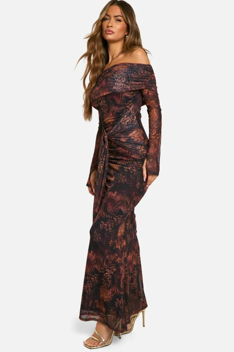 Maxi Dresses|Long Sleeve Dresses*boohoo Mesh Print Twist Detail Maxi Dress snake