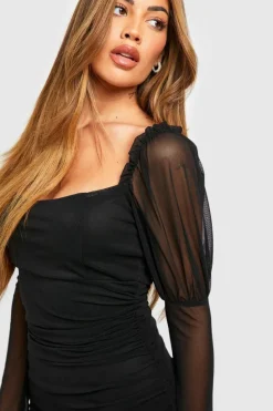 Maxi Dresses*boohoo Mesh Square Neck Ruched Maxi Dress black