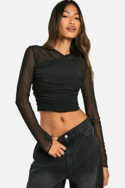 Long Sleeve Tops*boohoo Mesh Wrap Front Long Sleeve Top black