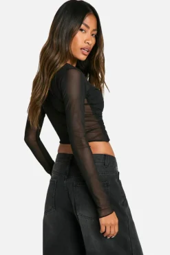 Long Sleeve Tops*boohoo Mesh Wrap Front Long Sleeve Top black