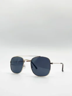 Sunglasses*SVNX Metal Frame Aviator Style Square Sunglasses Gold