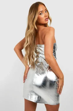 Bodycon Dresses|Mini Dresses*boohoo Metallic Bandeau Mini Dress silver