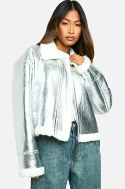 Up To 80% Off Winter Warmers|Aviator Jackets*boohoo Metallic Bonded Aviator Jacket silver