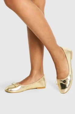 Ballet Flats|Flats*boohoo Metallic Bow Round Toe Ballet Flats gold