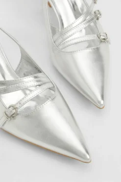 Heels*boohoo Metallic Buckle Detail Slingback Court Shoes silver