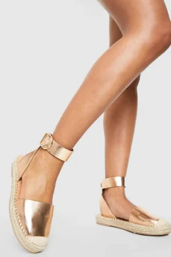 Flats|Sandals*boohoo Metallic Closed Toe Buckle Detail Espadrilles rose gold