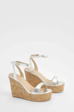Wedges|Heels*boohoo Metallic Cork Sole Wedges silver
