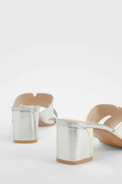 Sandals|Heels*boohoo Metallic Cut Out Detail Block Heeled Mules silver