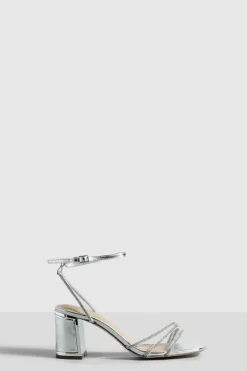 Heels*boohoo Metallic Embellished Low 2 Part Block Heel Sandals silver