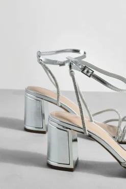 Heels*boohoo Metallic Embellished Low 2 Part Block Heel Sandals silver