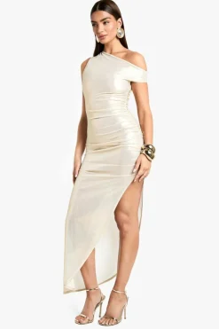 Bodycon Dresses*boohoo Metallic Foil Rib Ruched Maxi Dress champagne