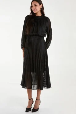 Midi Dresses*Blue Vanilla Metallic High Neck Plisse Midi Dress Black