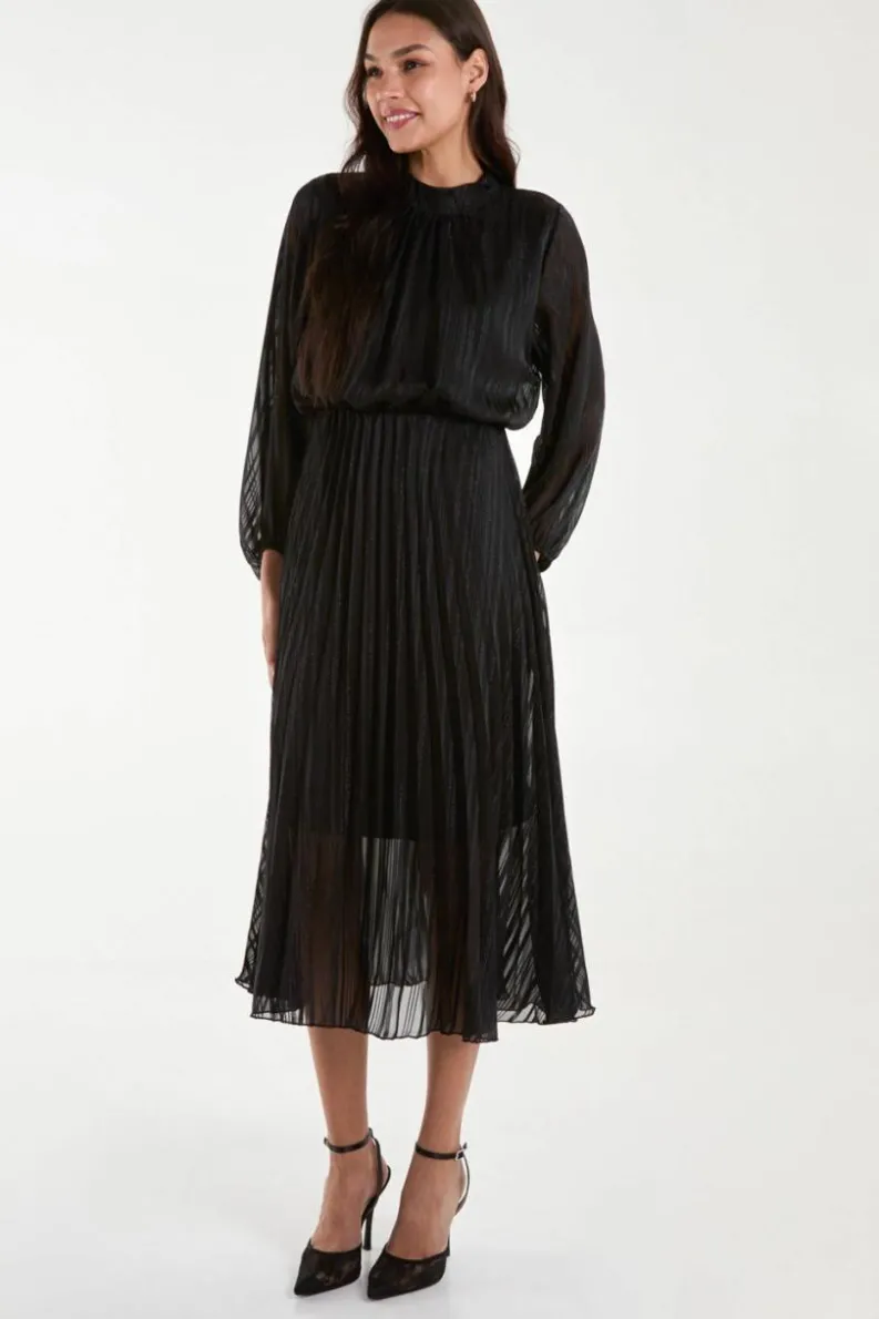 Midi Dresses*Blue Vanilla Metallic High Neck Plisse Midi Dress Black