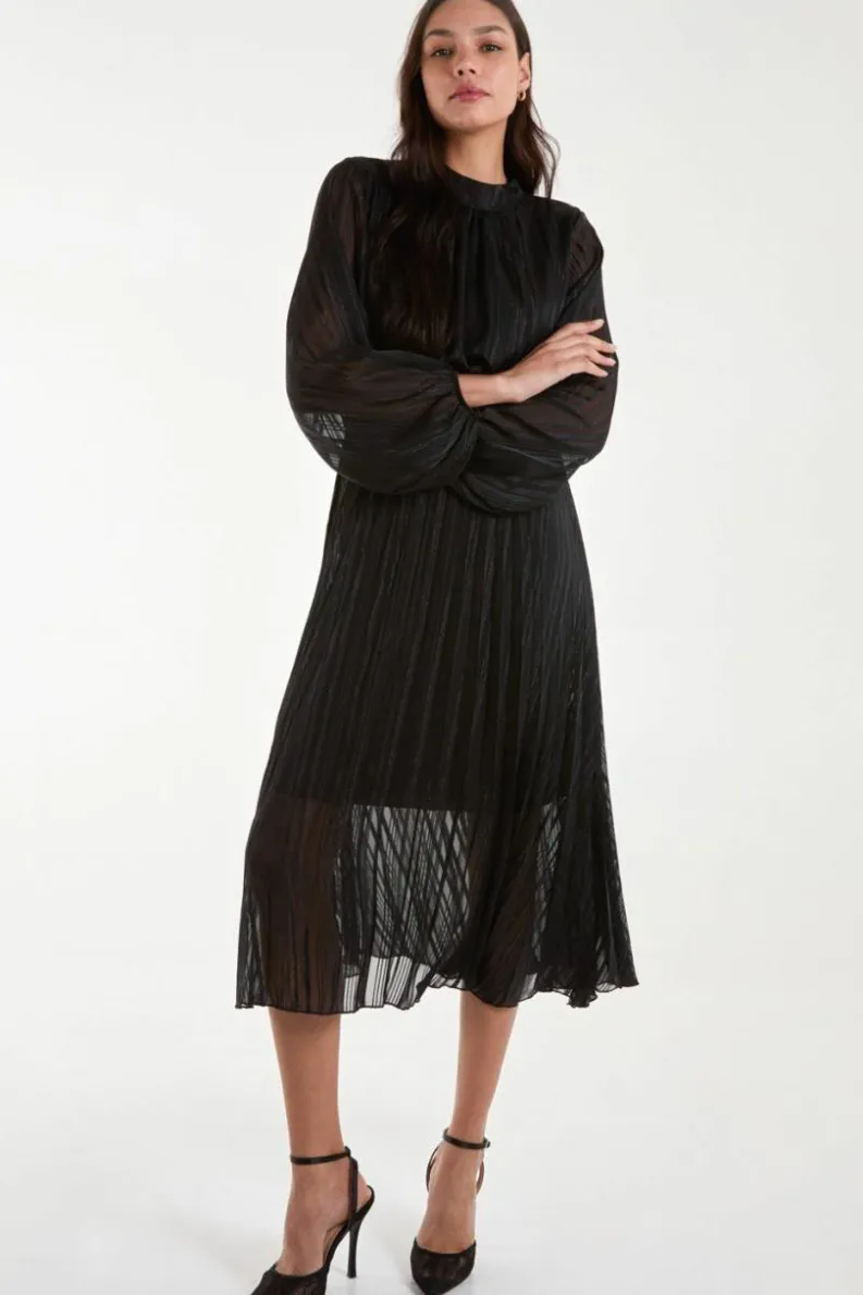 Midi Dresses*Blue Vanilla Metallic High Neck Plisse Midi Dress Black