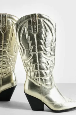 Knee High Boots|Cowboy Boots*boohoo Metallic Knee High Western Cowboy Boots gold