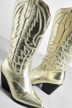 Knee High Boots|Cowboy Boots*boohoo Metallic Knee High Western Cowboy Boots gold
