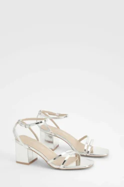 Heels*boohoo Metallic Low Block Asymmetric Barely There Heels silver