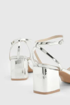 Heels*boohoo Metallic Low Block Asymmetric Barely There Heels silver