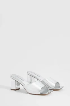 Sandals|Heels*boohoo Metallic Low Block Heeled Mule silver