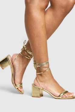 Heels*boohoo Metallic Low Block Wrap Up Heels gold