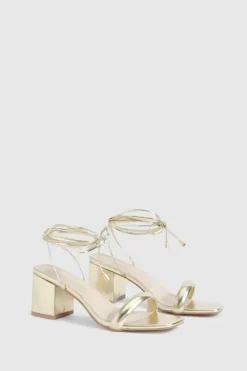 Heels*boohoo Metallic Low Block Wrap Up Heels gold