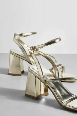 Sandals|Heels*boohoo Metallic Mid Block Heel Strappy Sandals gold
