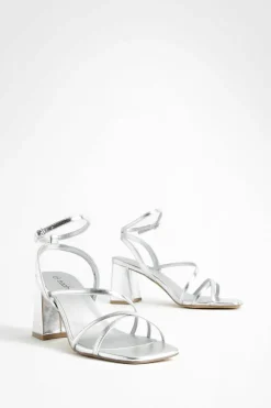 Sandals|Heels*boohoo Metallic Mid Block Heel Strappy Sandals silver