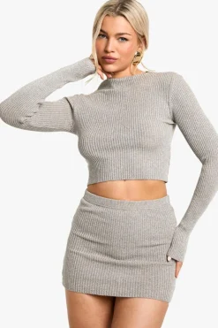 Knitted Tops*boohoo Metallic Mix Rib Knitted High Neck Top mocha