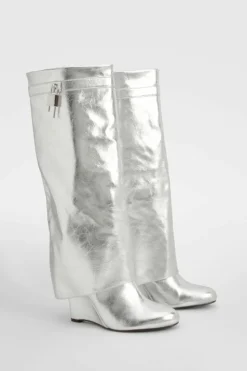 Over The Knee Boots|Knee High Boots*boohoo Metallic Padlock Detail Wedge Fold Over Knee Boots silver