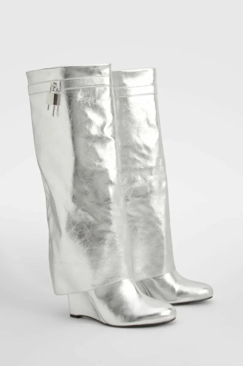 Over The Knee Boots|Knee High Boots*boohoo Metallic Padlock Detail Wedge Fold Over Knee Boots silver