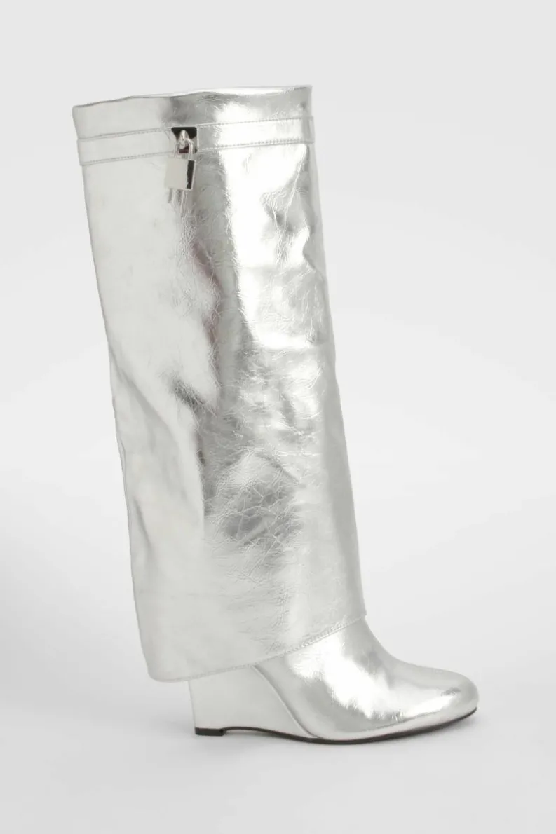 Over The Knee Boots|Knee High Boots*boohoo Metallic Padlock Detail Wedge Fold Over Knee Boots silver