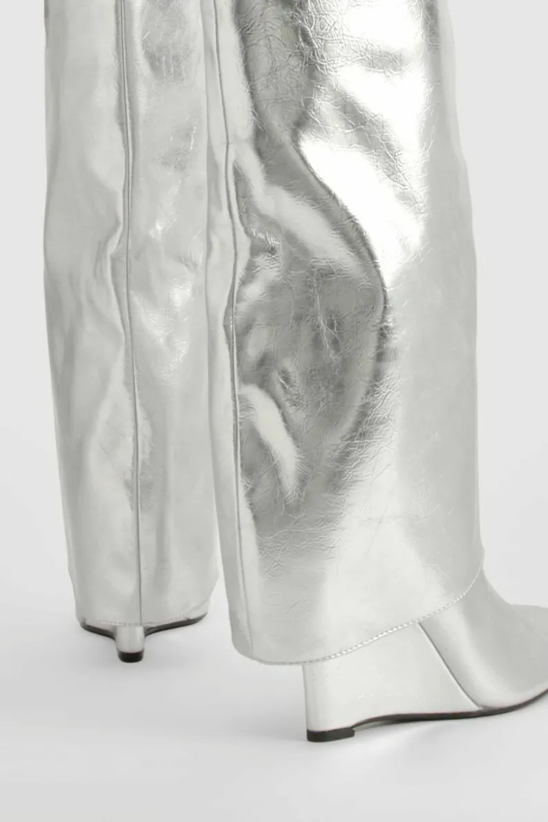 Over The Knee Boots|Knee High Boots*boohoo Metallic Padlock Detail Wedge Fold Over Knee Boots silver
