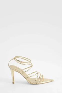 Heels*boohoo Metallic Patent Pointed Toe Strappy Heels gold